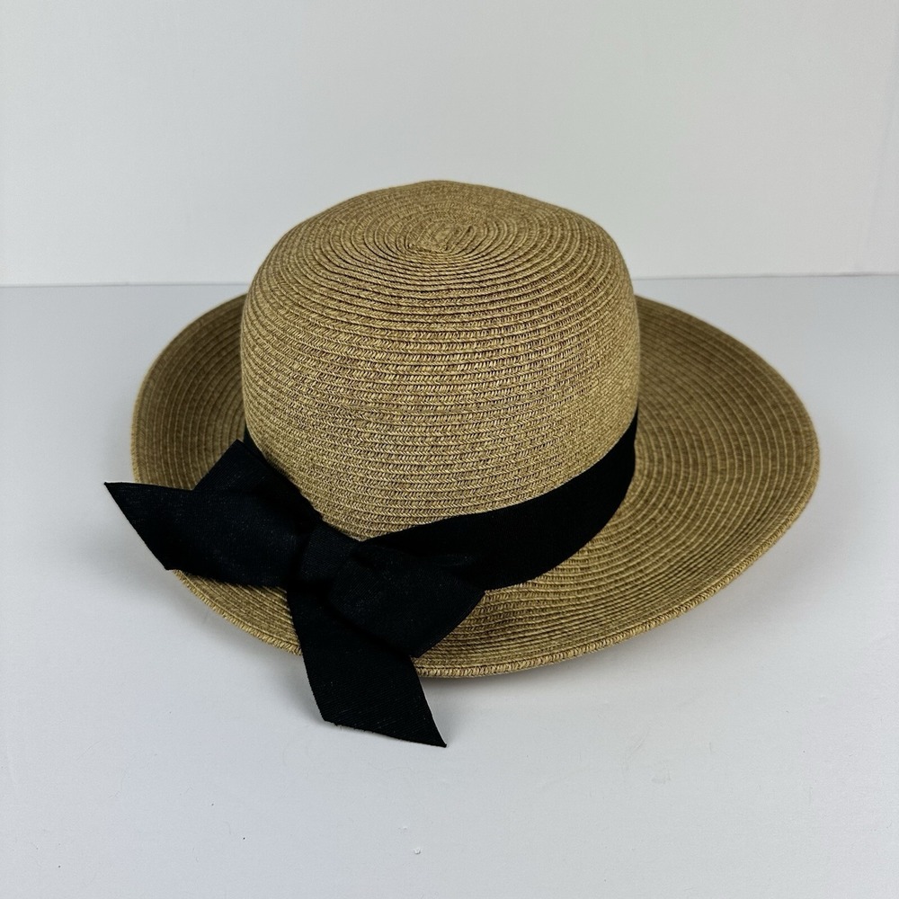 CAPELLI STRAW‎ WORLD Wide Brim NATURAL/BEIGE Sun Hat/Cap BEACH Black Bow